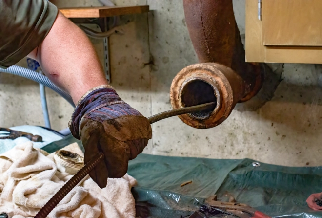 A plumber unclogging the drain and sewer lines of a home.