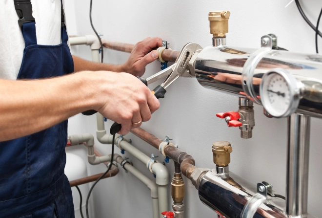 A plumber performing work on a water heater in a Texas home.